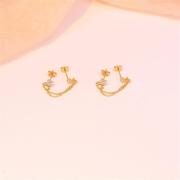 Gold dainty cartilage double piercing chain dangle cubic zirconia earrings for w - Picture 3 of 6